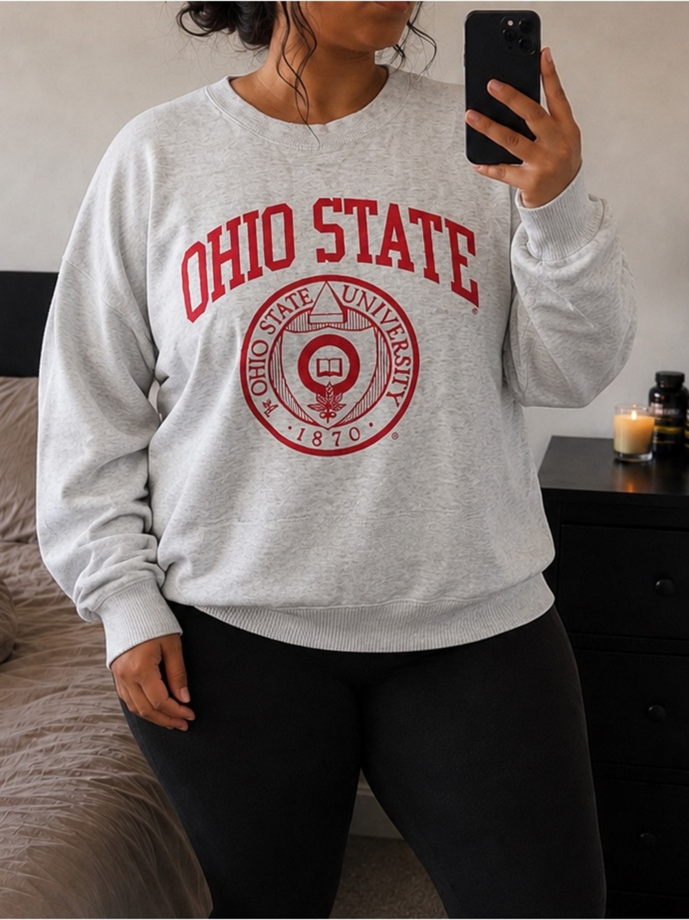 Fruit of the Loom Gray Crewneck Sweatshirt with Red Ohio State Logo